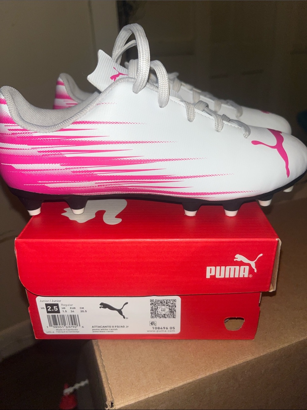 Puma White and Hot Pink Youth Soccer Cleats